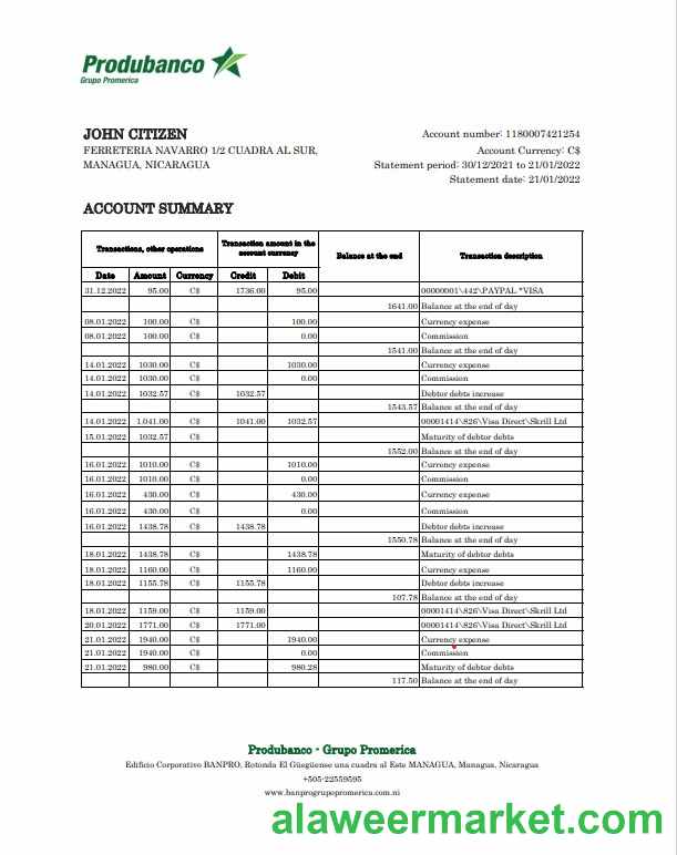 Nicaragua Banco de la Producción bank statement Excel and PDF template